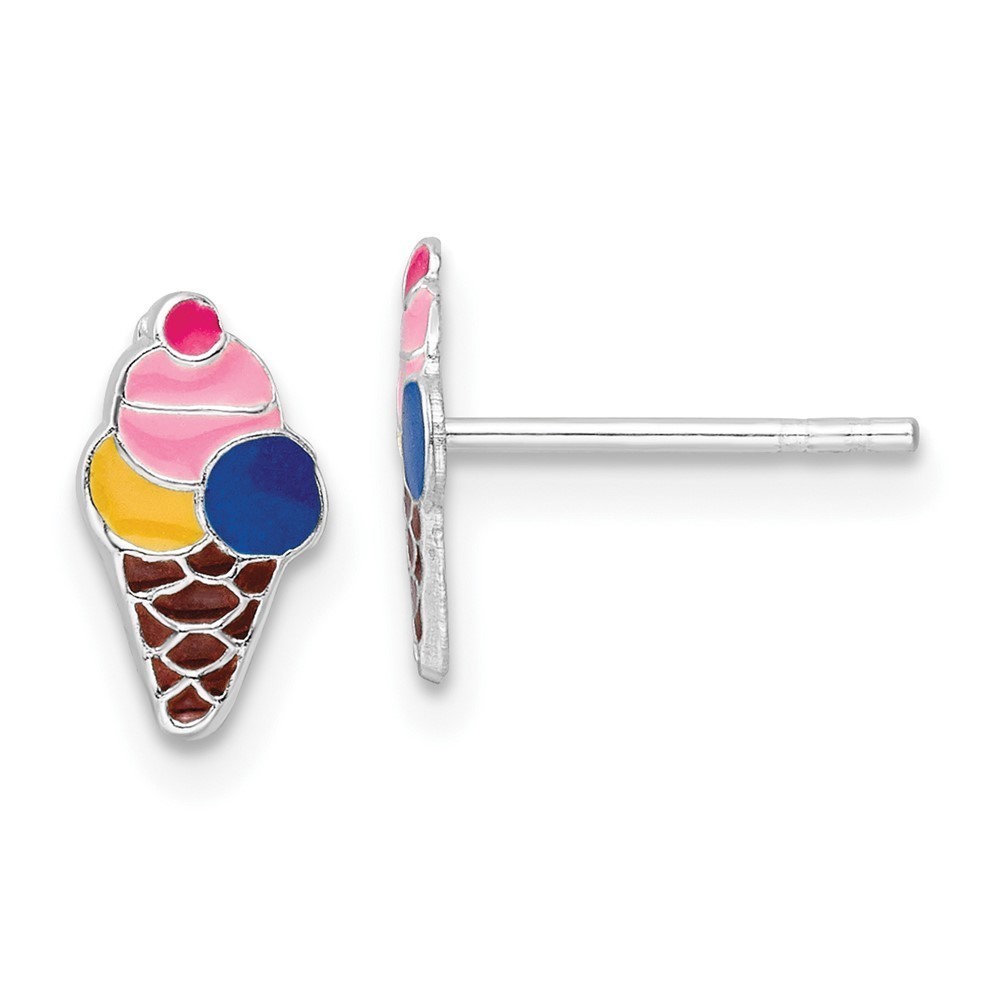 925 Sterling Silver Multi-color Enameled Ice Cream Cone Children's Post Earrings